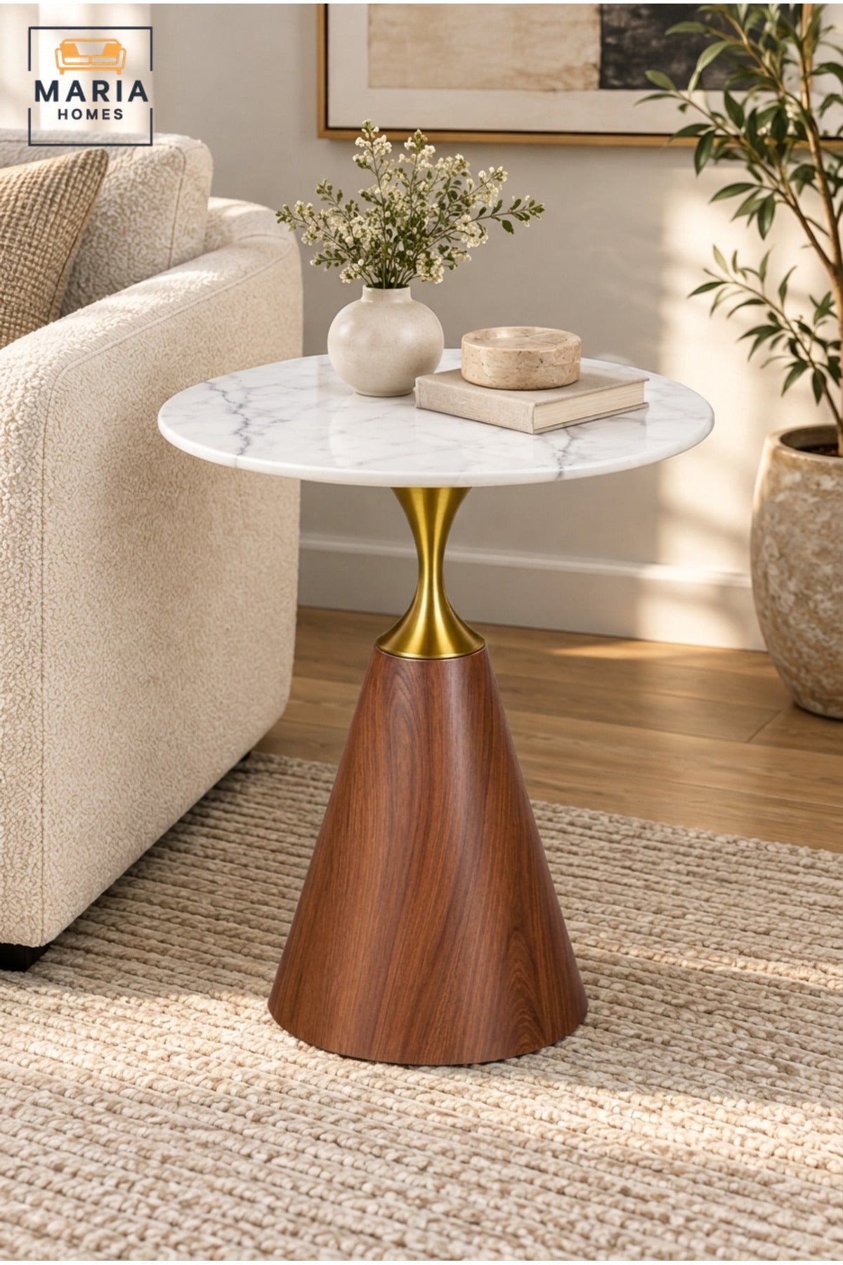 Modern Round Side Table with White Marble-Effect Top, Walnut Cone Base and Gold Accent Pedestal for Living Room & Bedroom – 60 × 67.5 CM