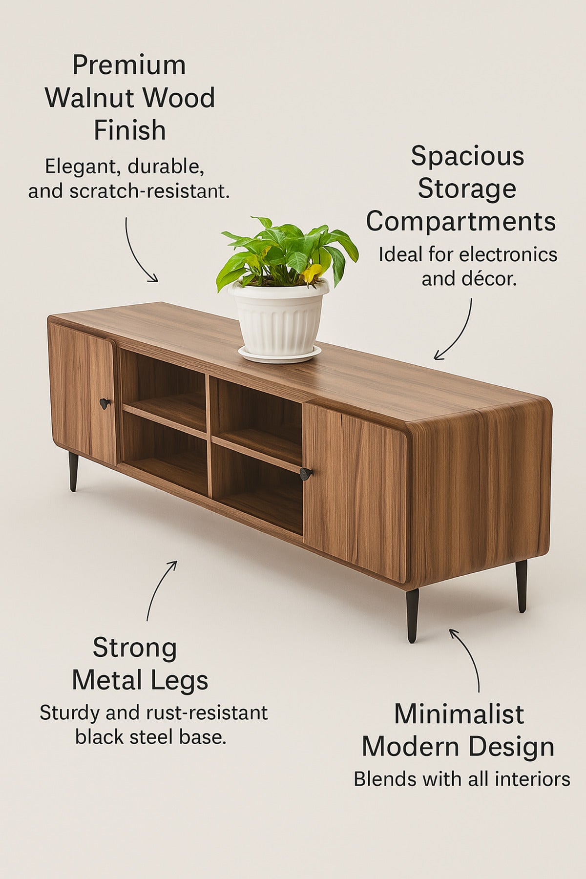 Modern Walnut TV Cabinet 163_40_54 cm Wooden Entertainment Unit with Open Shelves and Side Cabinets
