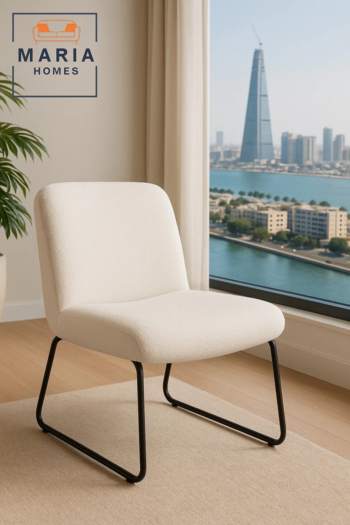 Contemporary White BouclŽ Armless Lounge Chair Ð Cozy Minimalist Accent Seating with Metal Legs
