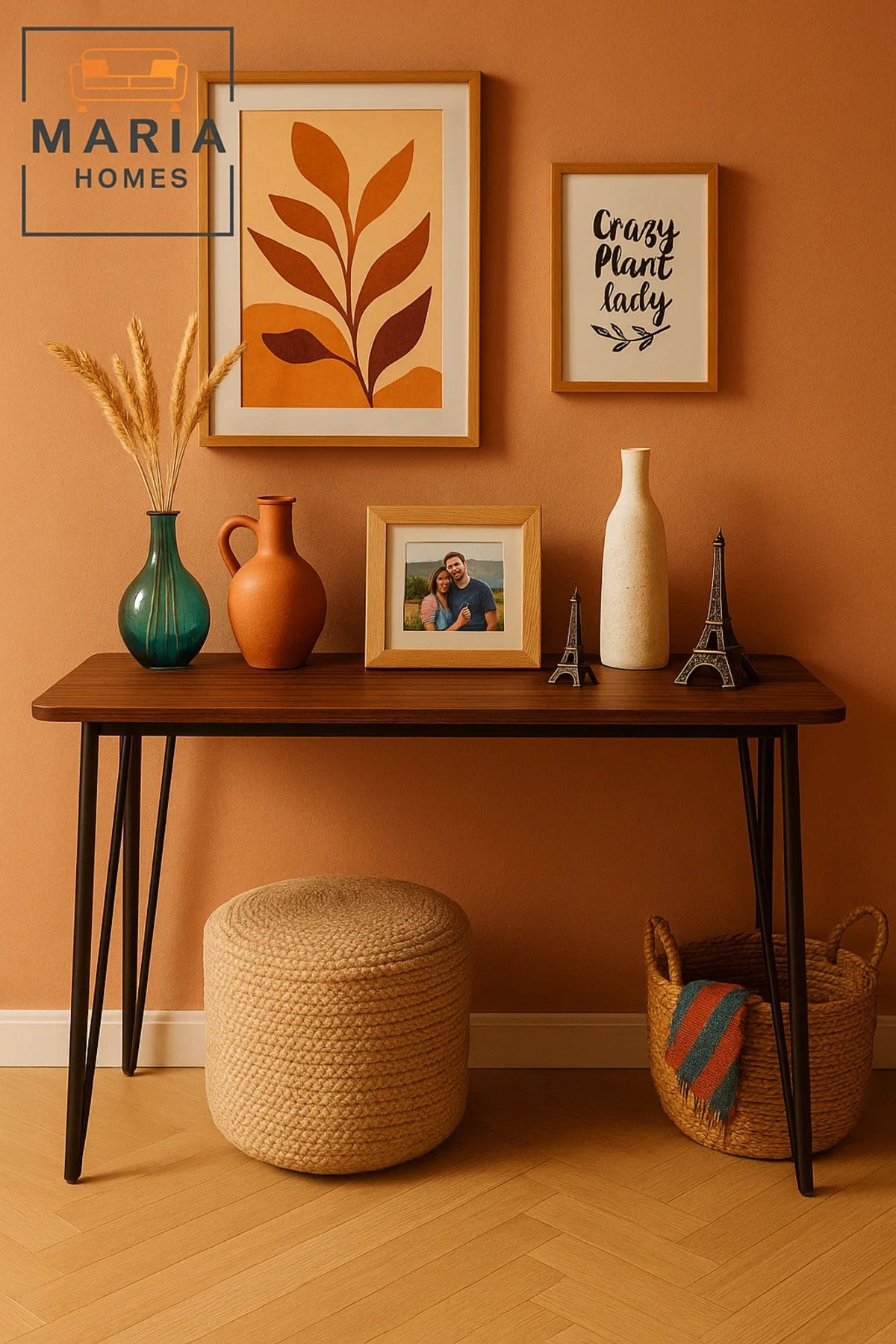 Modern Console Table 120x40x80cm √ê Walnut Finish Top with Sleek Black Metal Hairpin Legs