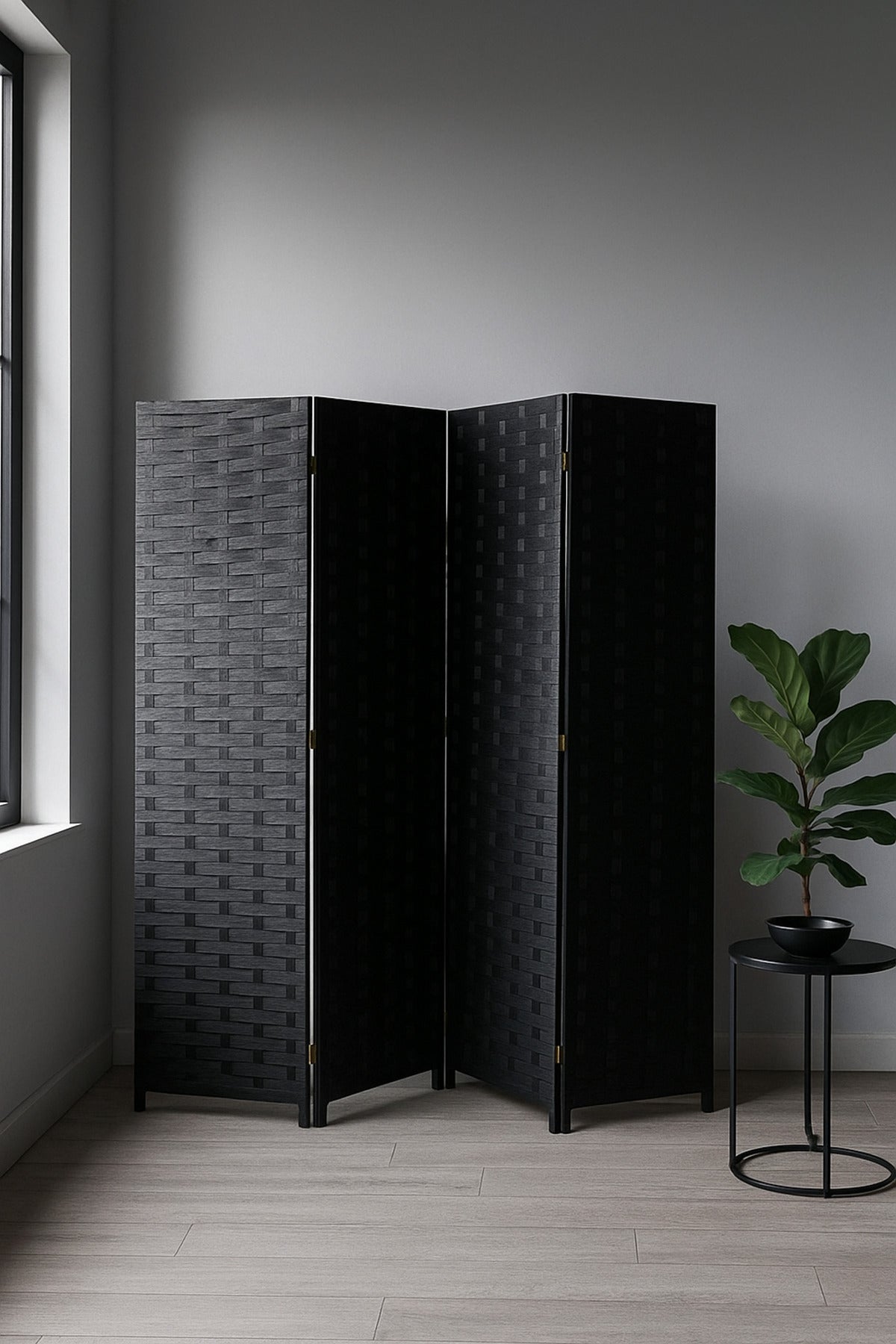4-Panel Woven Room Divider Ð 180_180 cm Foldable Privacy Screen in Elegant Black
