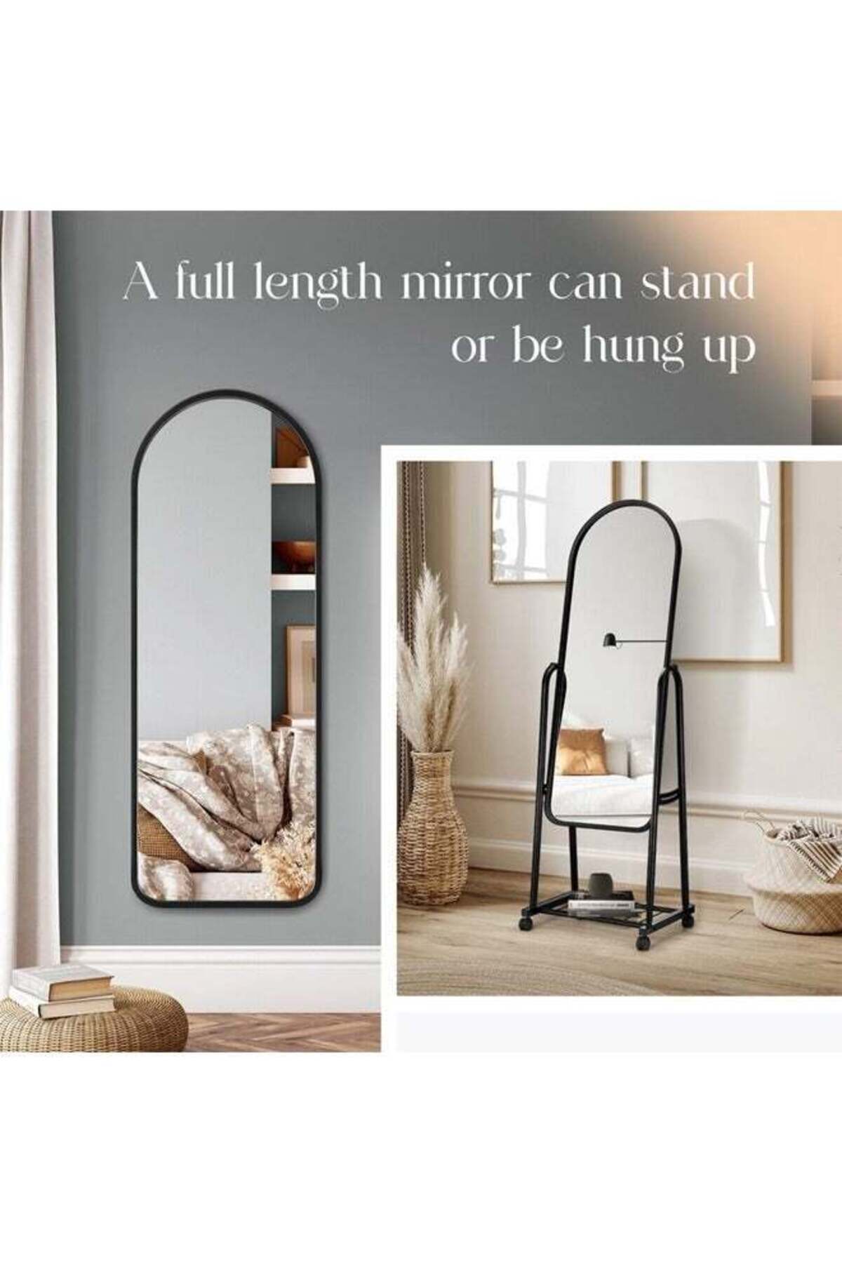 Full-Length Standing Mirror with Wheels and Storage Rack Black Metal Frame for Bedroom & Entryway