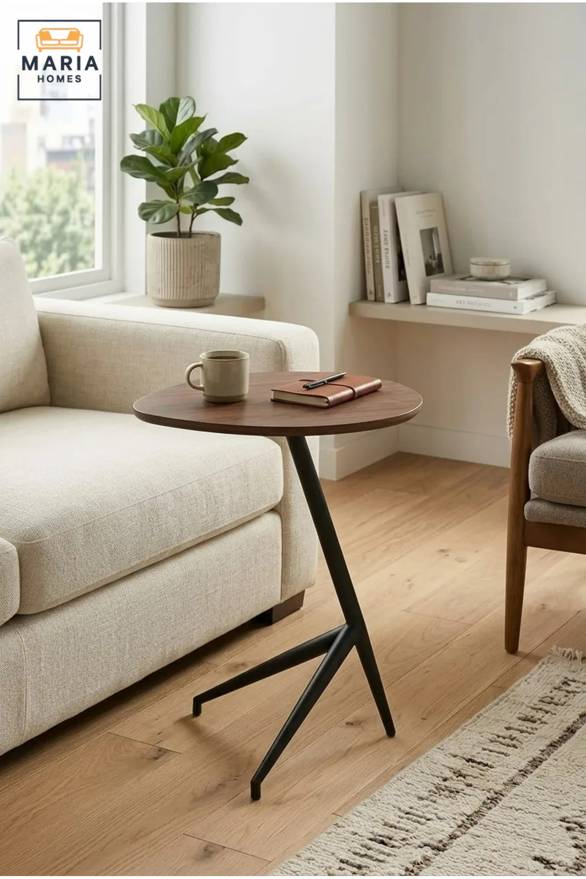 Modern Accent Side Table with Wooden Top & Geometric Base, Contemporary End Table for Living Room, Bedroom & Lounge