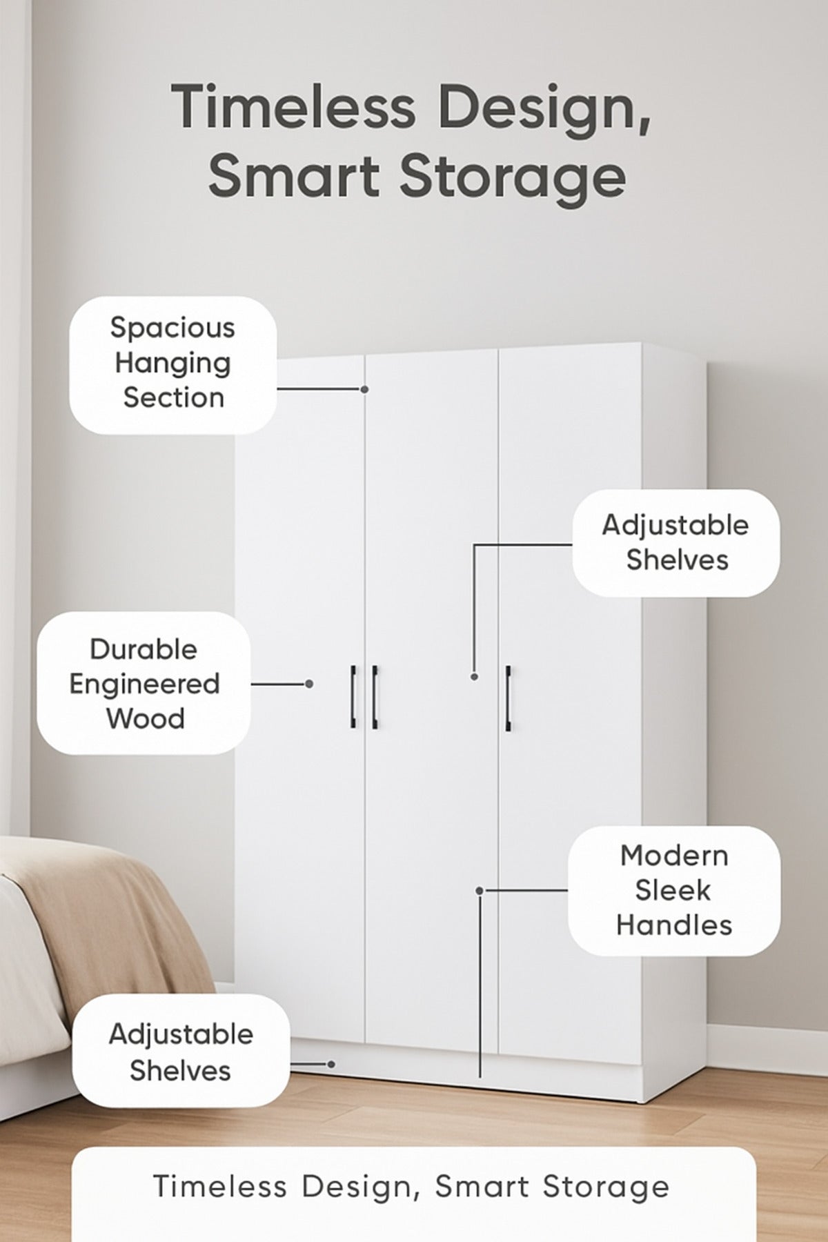 Modern 3-Door Wardrobe White Color with Shelves & Hanging Rail Ð 160_54_200 cm