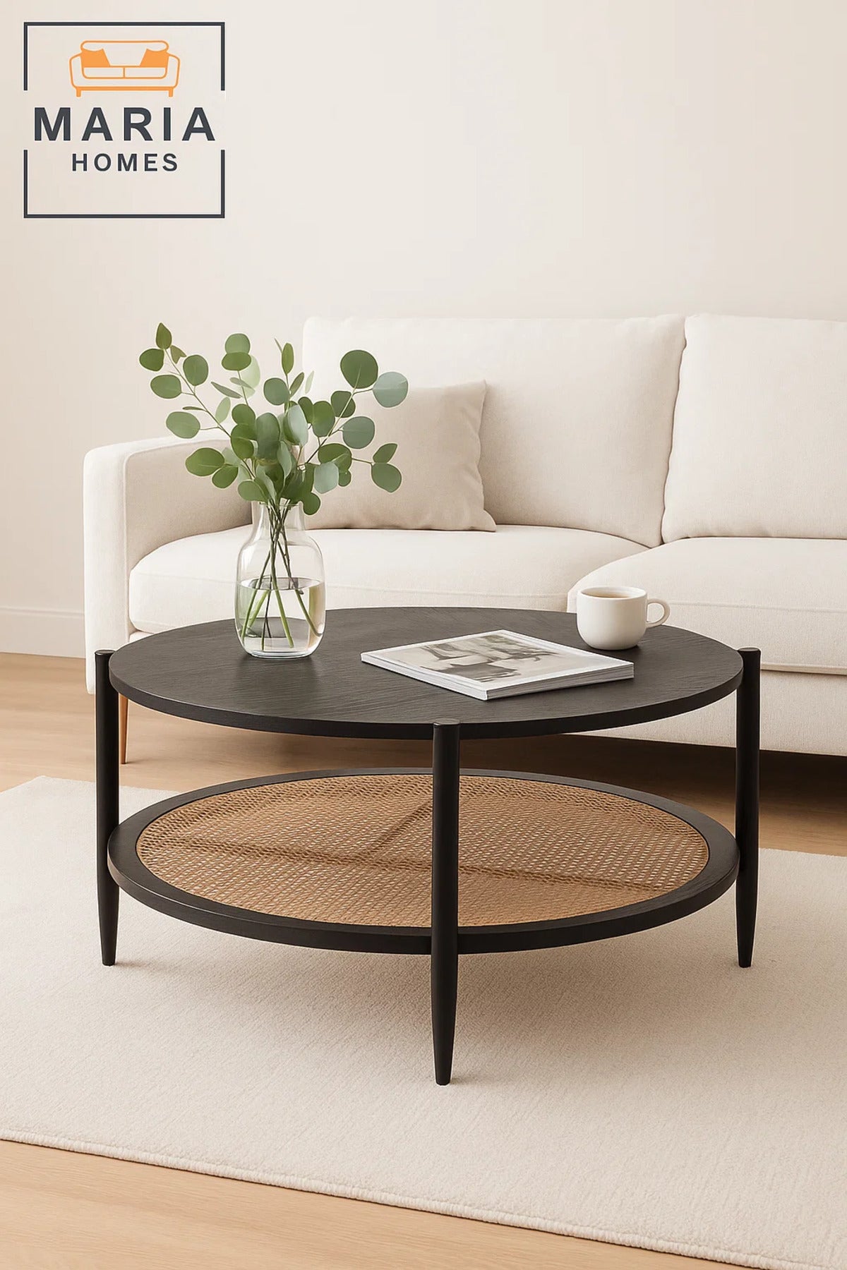 Large black round table with rattan shelf and wooden top