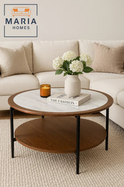 Center Table White With Marble Style Top And Walnut Round Coffee Table With Dual Shelf