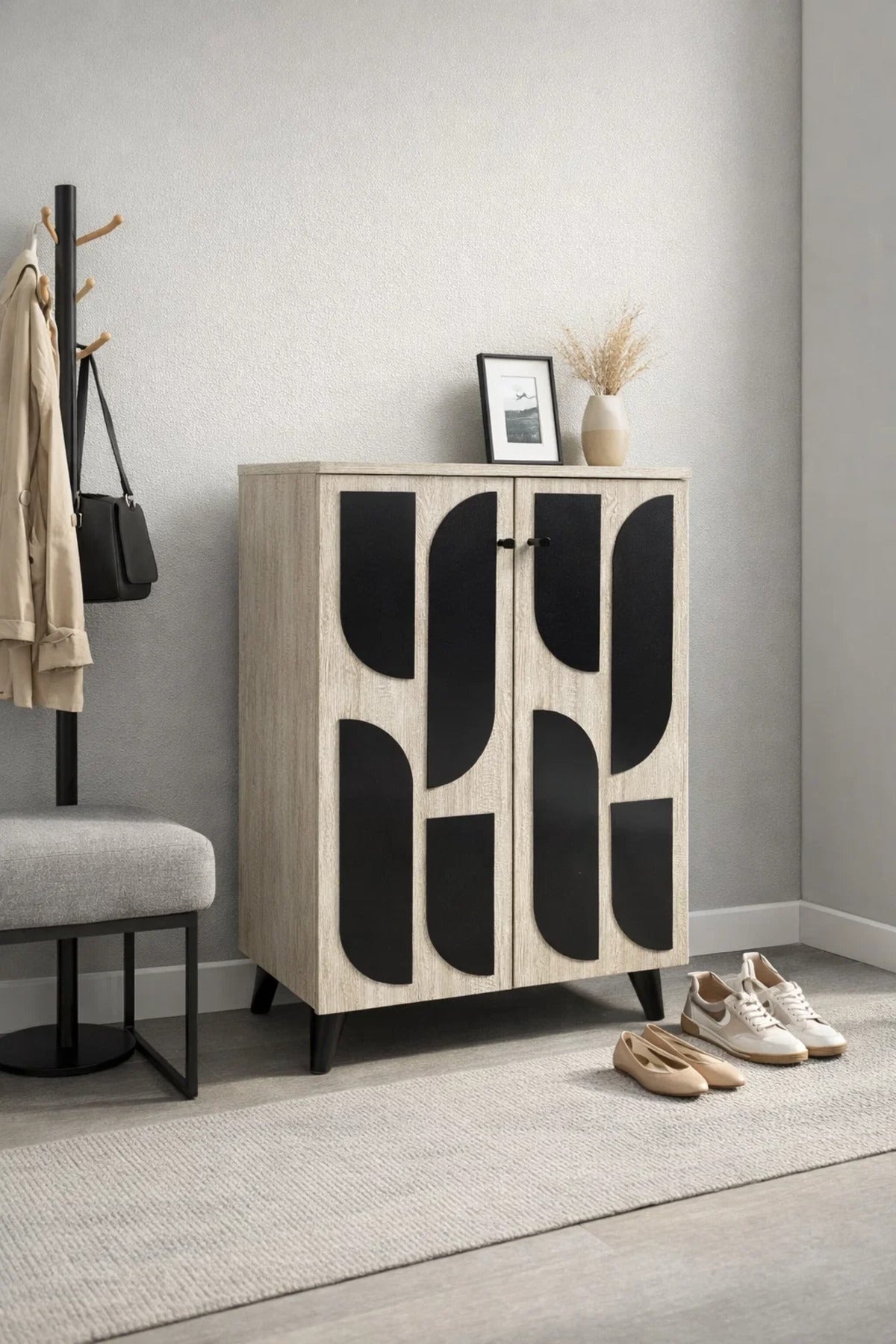 Beige Shoe Cabinet 60_34_91 cm √ê Modern Shoe Organizer with Decorative Doors