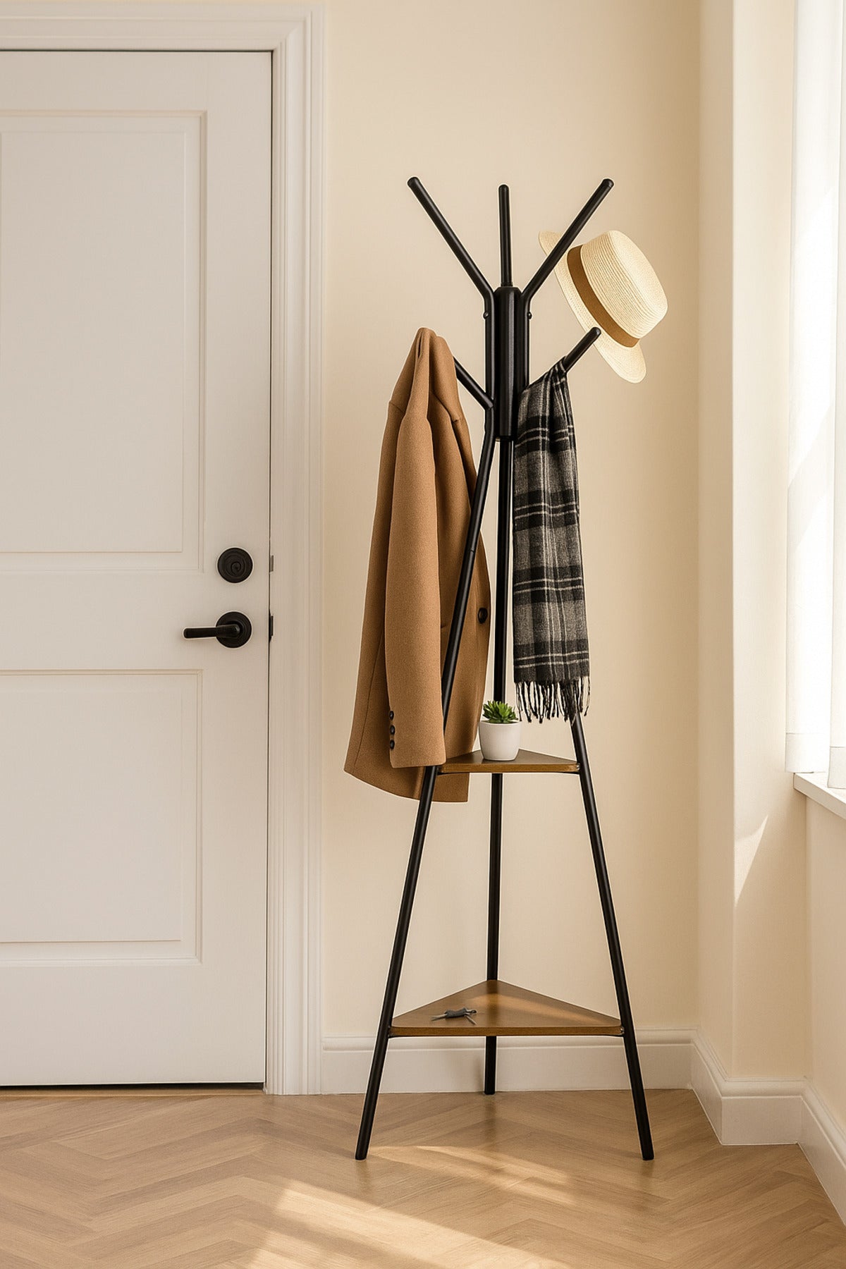 Modern Black Coat Rack Ð Metal Clothes Stand with Dual Wooden Shelves for Entryway & Bedroom