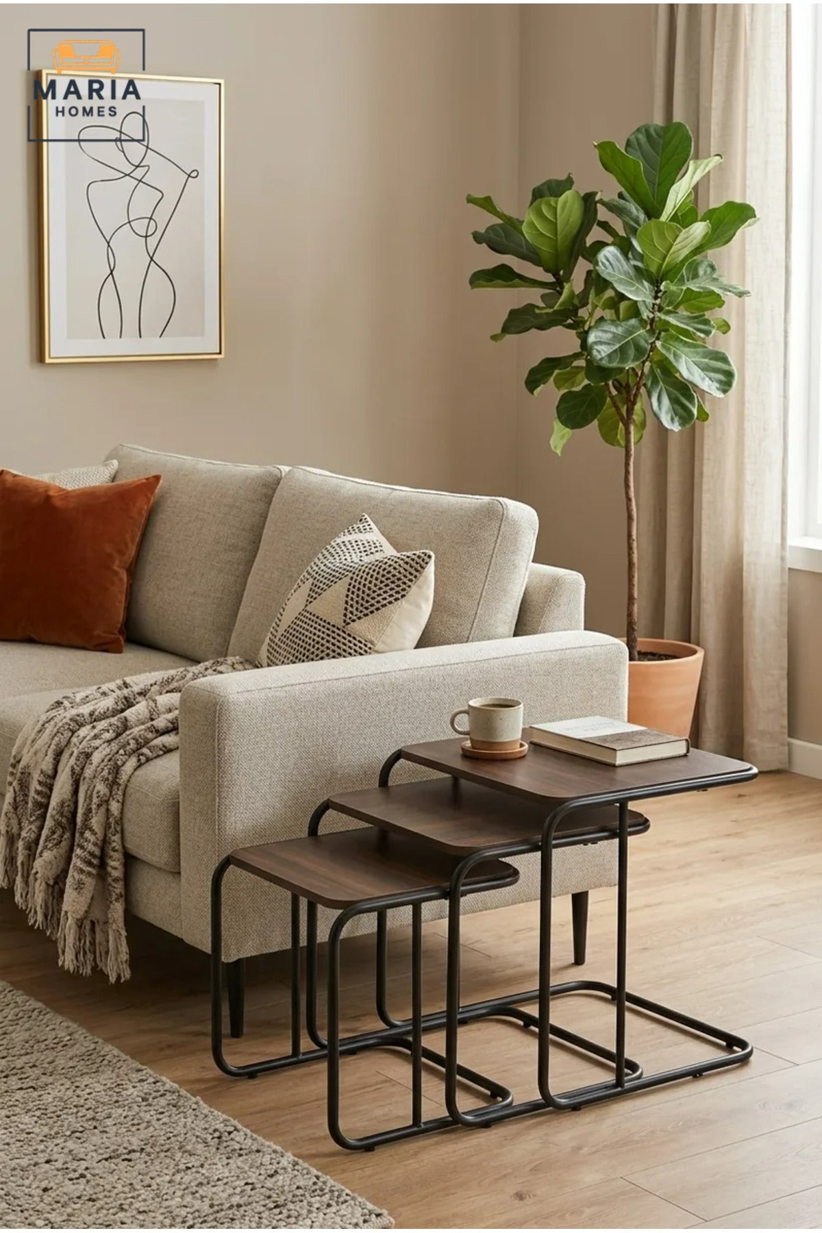 Set of 3 Nesting Side Tables with Wooden Tops and Metal Frames, Space-Saving End Tables for Living Room, Bedroom, Lounge and Office