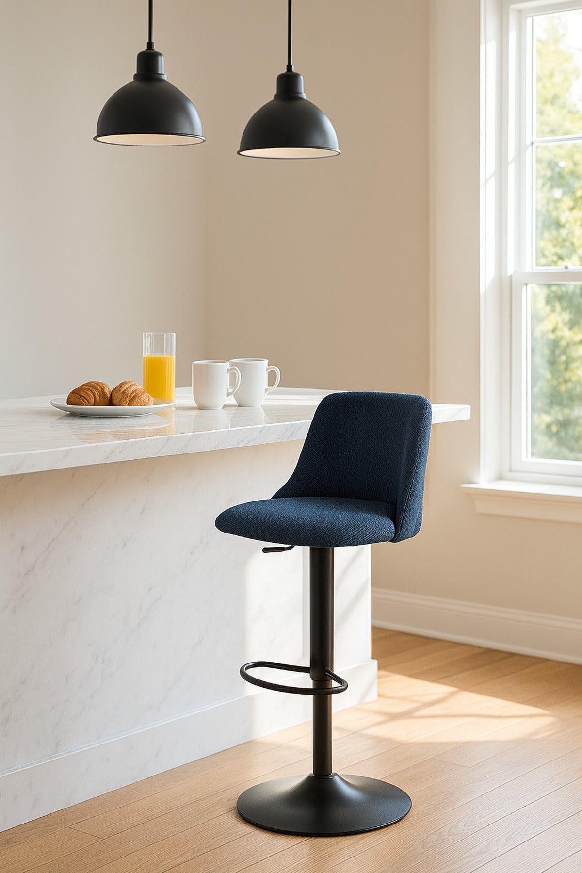 Deep Blue Adjustable Bar Stool with Backrest & Footrest Ð Modern Counter Chair