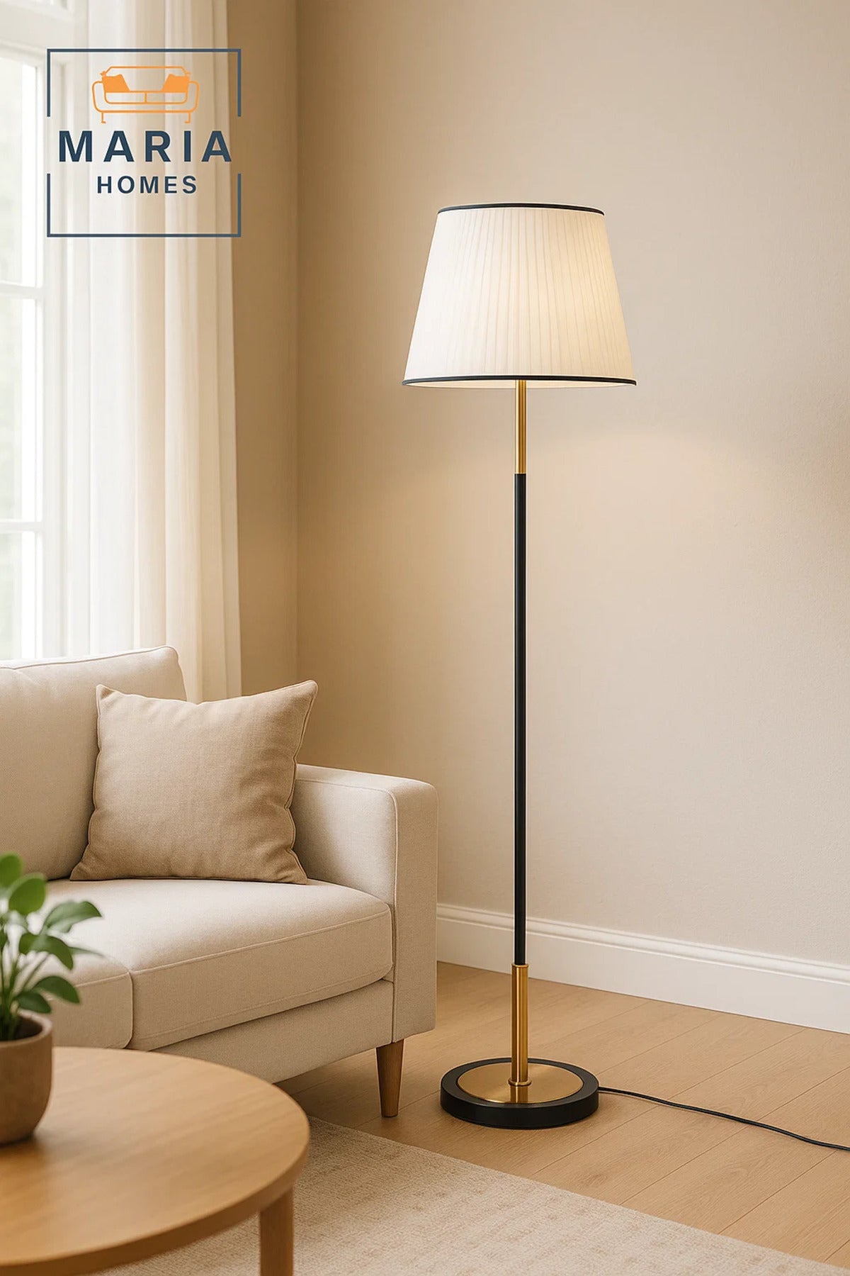 Black and Gold Floor Lamp with White Shade