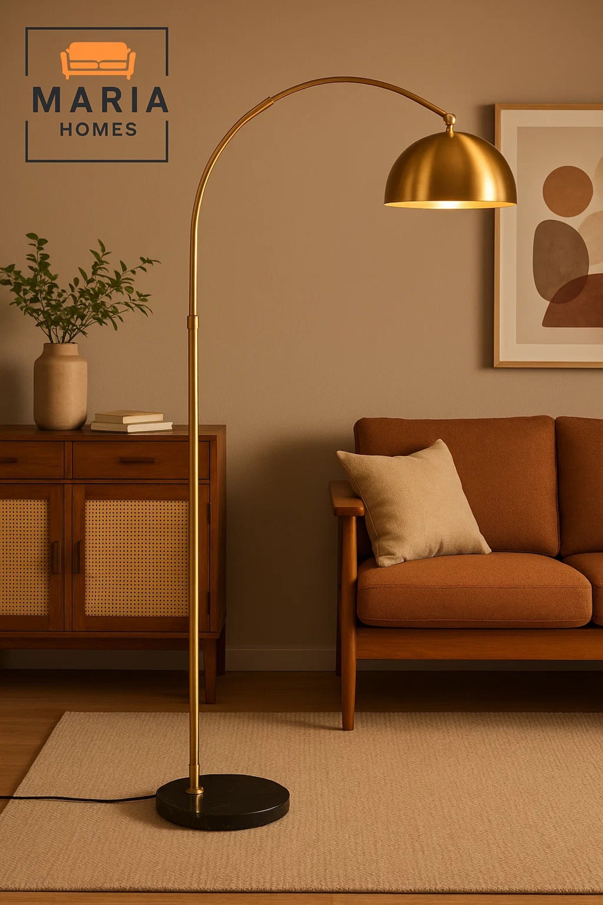 Arched Gold Floor Lamp with Black Marble Base
