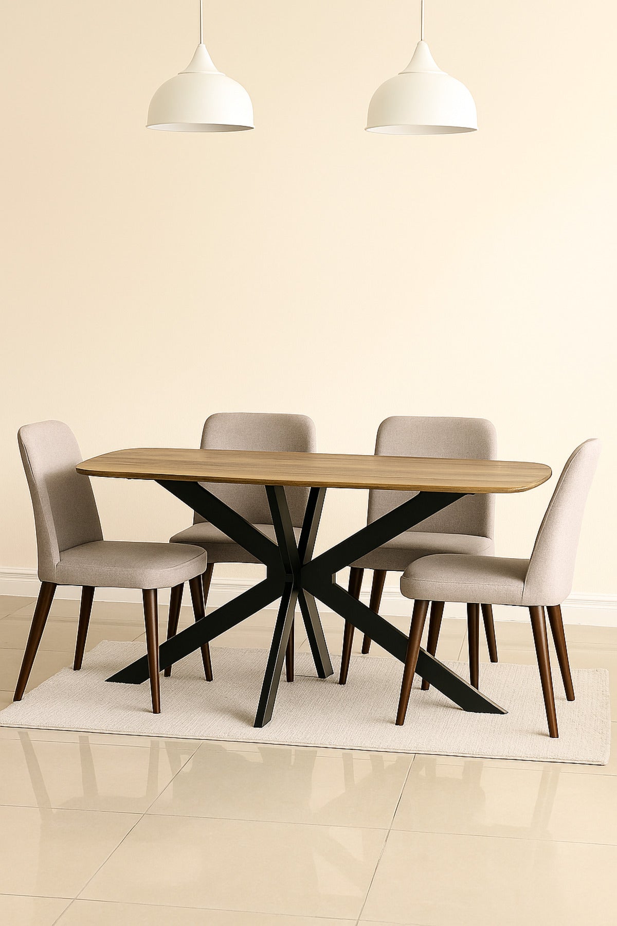Modern Brown Dining Table Ð 180_90_75 cm | Elegant Wooden Top Table with Black Metal Cross Legs