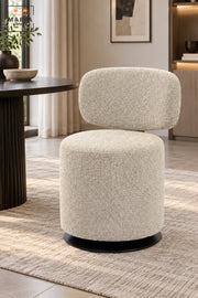 Modern 360° Swivel Arm Chair | Beige Upholstered Accent Chair with Curved Backrest, Padded Seat and Black Round Base for Living Room & Bedroom