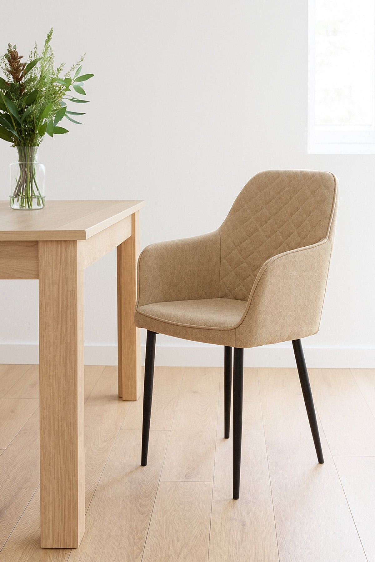 Beige Fabric Dining Chair Ð Modern Quilted Armchair with Black Metal Legs for Dining Room & Office