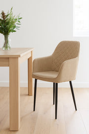 Beige Fabric Dining Chair Ð Modern Quilted Armchair with Black Metal Legs for Dining Room & Office
