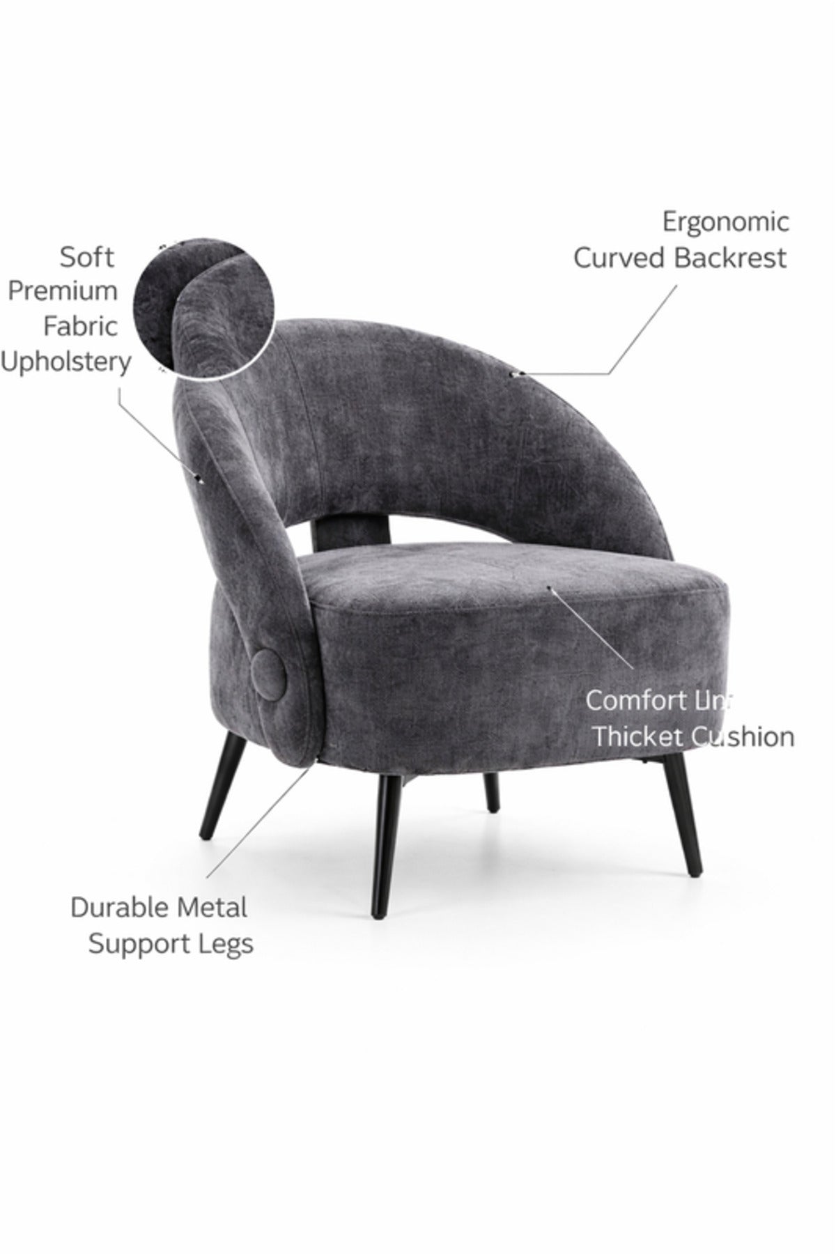 Dark Grey Fabric Accent Armchair 66x57x79cm Modern Lounge Chair dark grey fabric