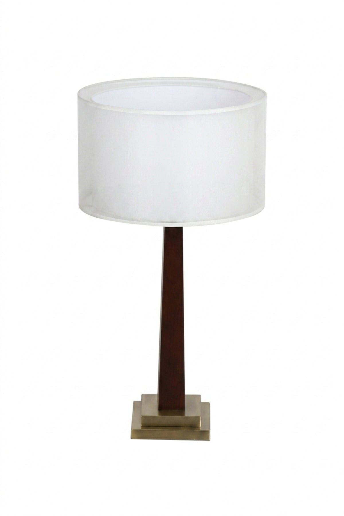 Modern Wooden Table Lamp with White Double Layer Drum Shade, Slim Tapered Base and Gold Tone Accents for Bedroom, Living Room, Office and Hotel