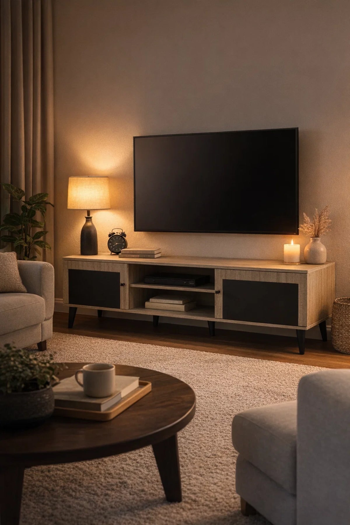 Modern 180cm Wide TV Stand Unit Beige Wood Black Doors Media Console Table with Storage Shelves