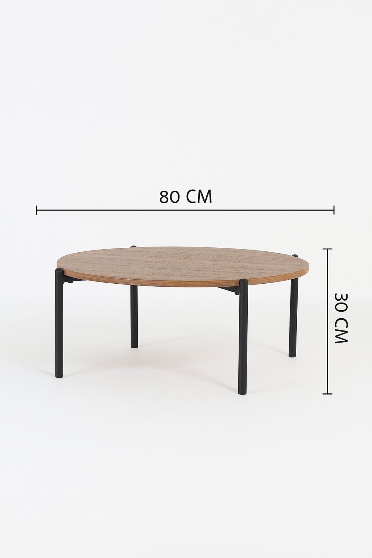 Round Brown Coffee Table with Black Metal Legs Ð Modern Center Table for Living Room 80_30 cm