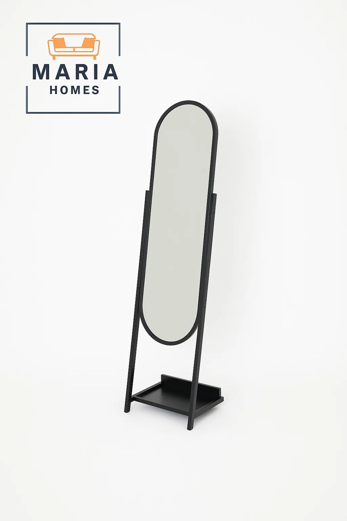 Oval Standing Mirror with Black Frame and Storage Base