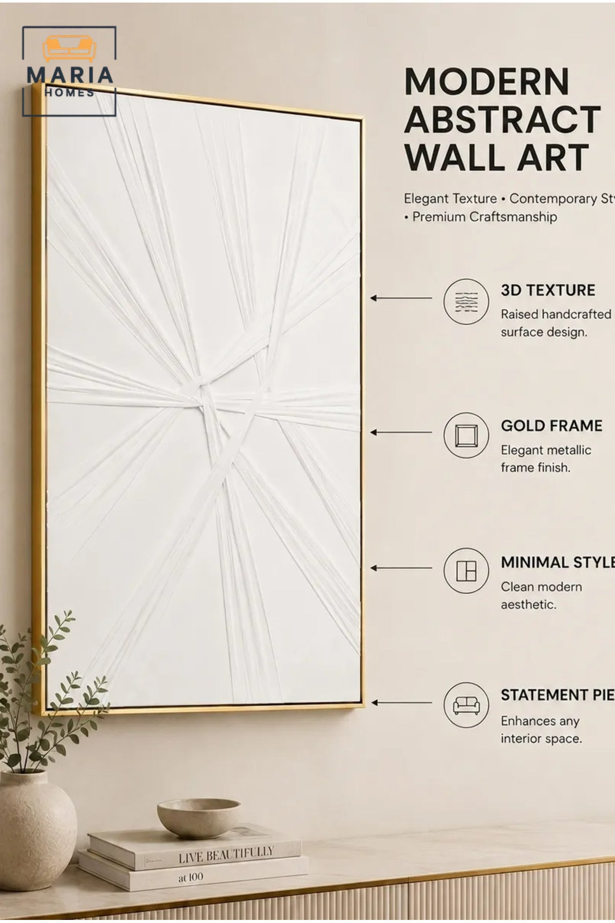 Modern White Geometric Framed Wall Art √ê Minimalist Textured Abstract Painting for Living Room, Bedroom, Hallway & Office D≈Ωcor
