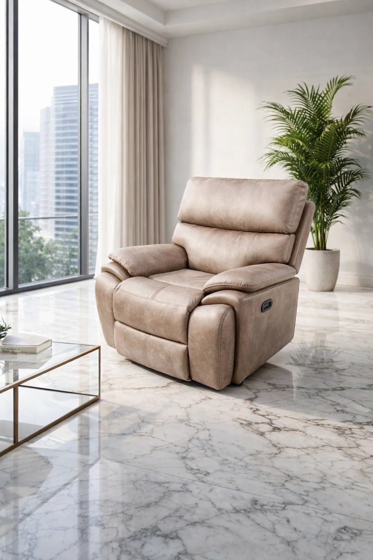 Premium Light Brown Leather Recliner Armchair with Cup Holder and Lumbar Support for Home Comfort