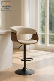 Beige Upholstered Adjustable Swivel Bar Stool with Curved Wood Backrest & Metal Footrest for Kitchen