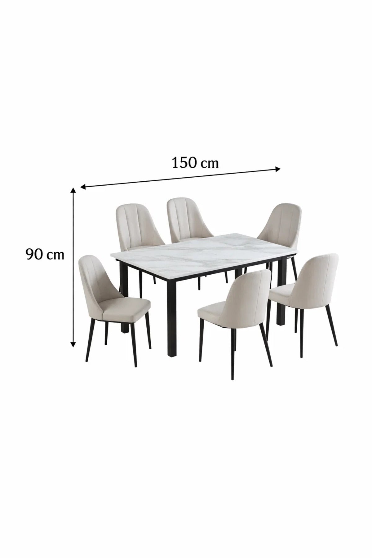 Contemporary 7-Piece Dining Room Set with White Faux Marble Table and Six Grey Tufted Chairs