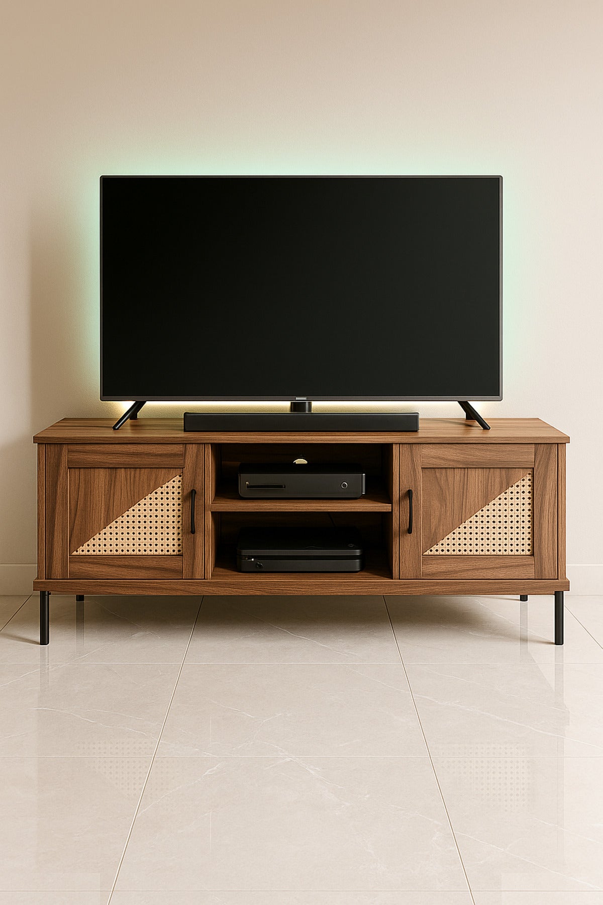 Modern Walnut TV Cabinet 160_39.5_56 cm Wooden Entertainment Unit with Rattan Design Doors