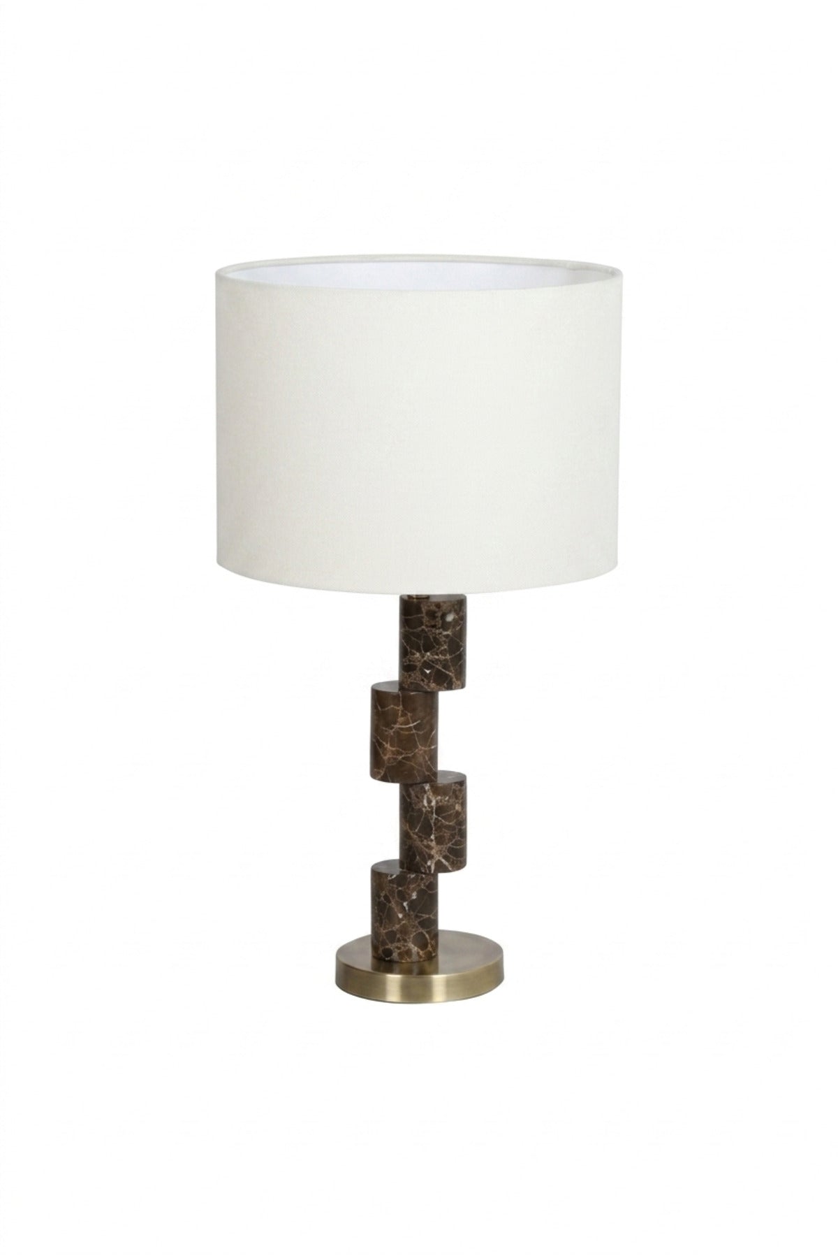 Modern Geometric Table Lamp with Marble Effect Column, White Fabric Shade and Gold Base Decorative Bedside Light for Bedroom Living Room Office