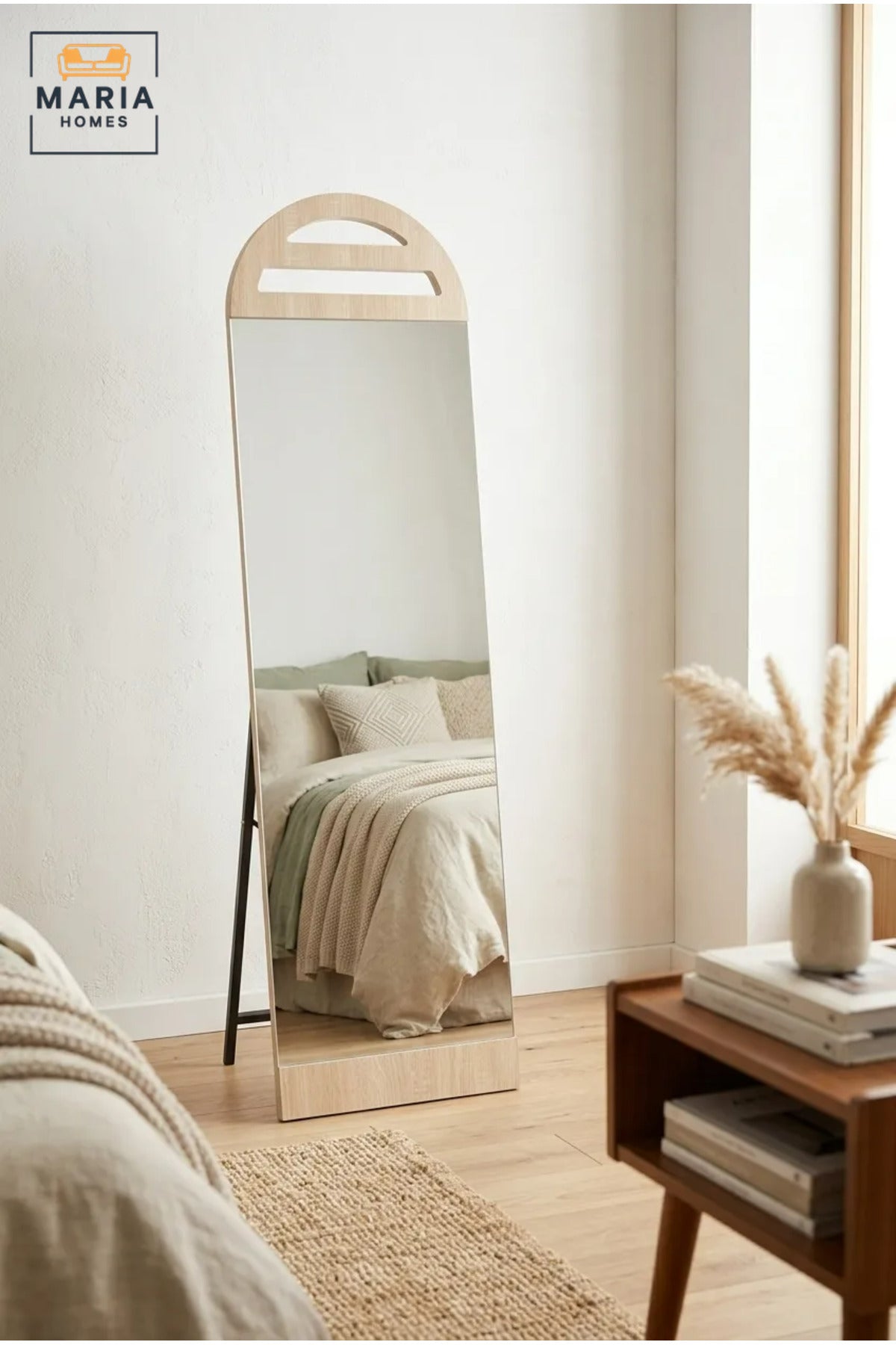 Modern Full Length Floor Mirror with Arched Wooden Frame and Freestanding Support, Dressing Mirror for Bedroom, Entryway, Wardrobe, Salon and Boutique