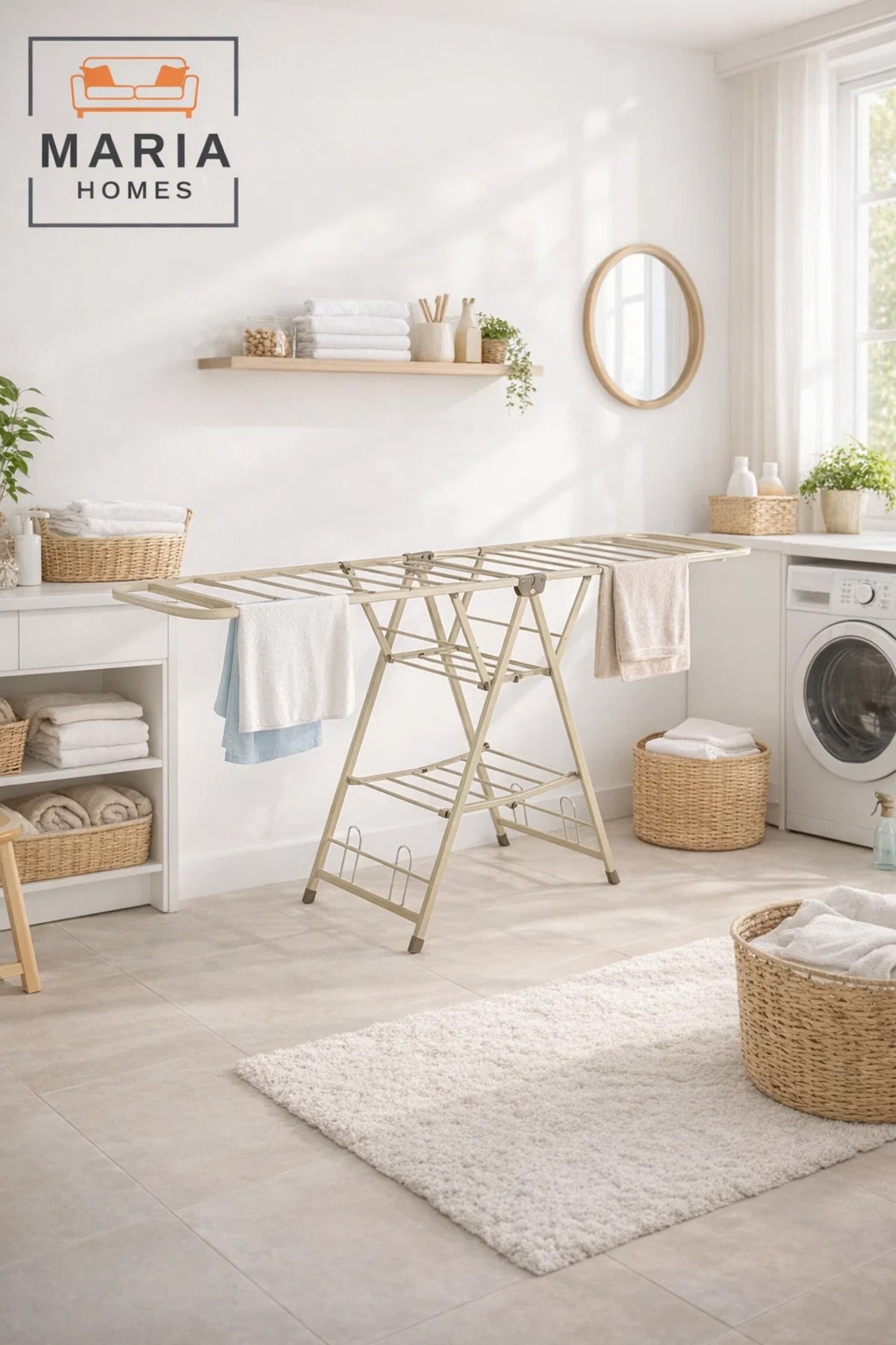 Beige Strong Folding Clothes Drying Rack 180_45_101 cm Ð Multi-Tiered Metal Drying Stand