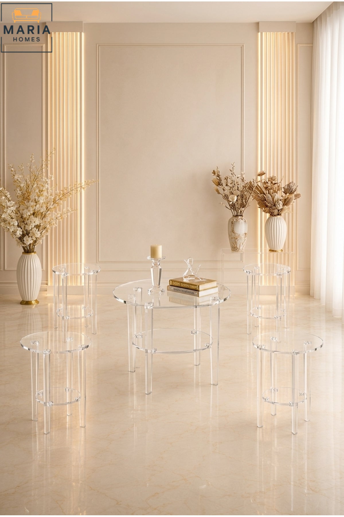 Round Acrylic Center Table Set – Clear 2-Tier Design with Lower Shelf