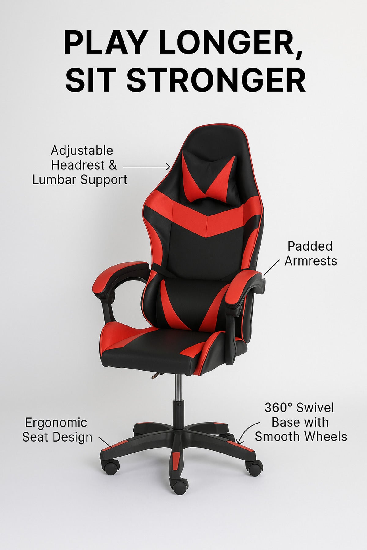 Red and Black Gaming Chair Ð Ergonomic Swivel Office Chair with Adjustable Height and Lumbar Support
