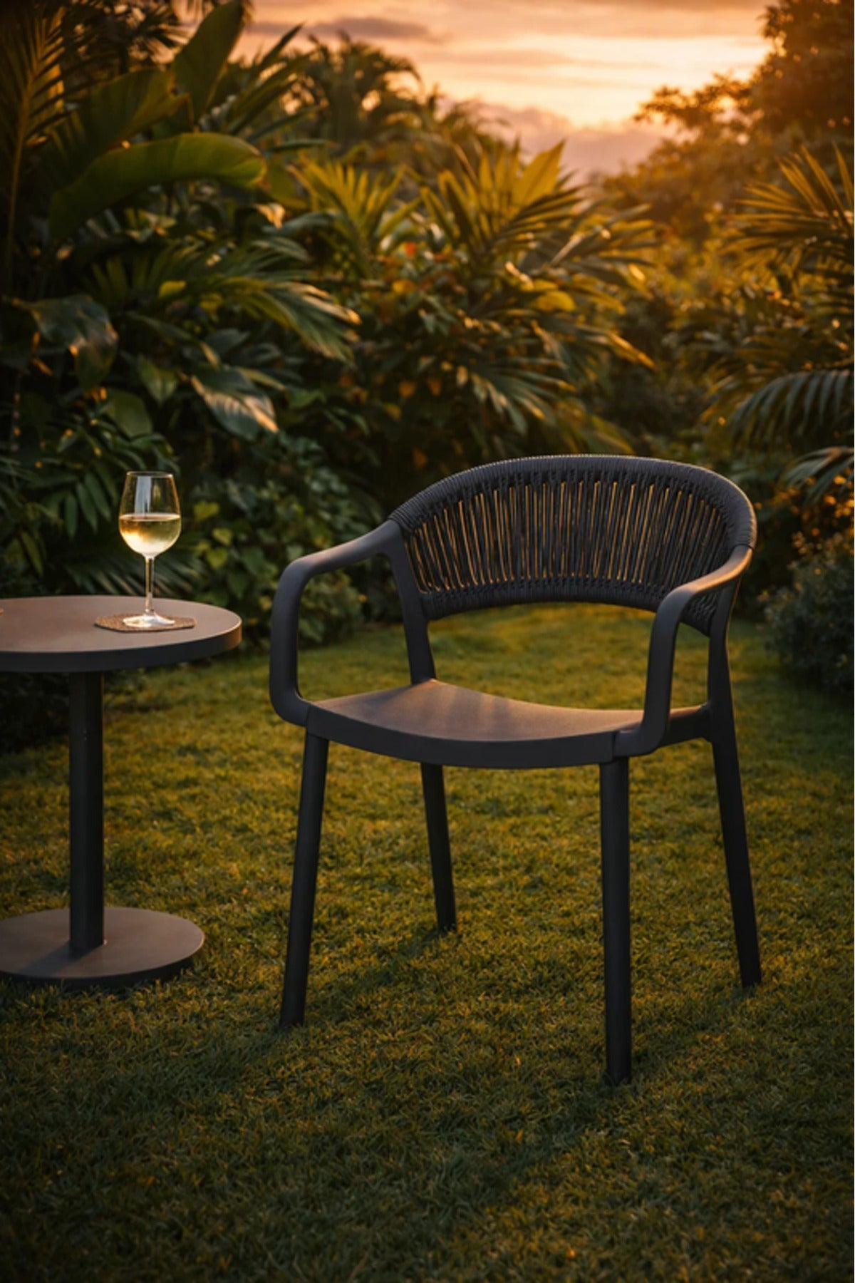 Modern Grey Rattan Back Dining Chair with Armrests for Indoor Outdoor Seating