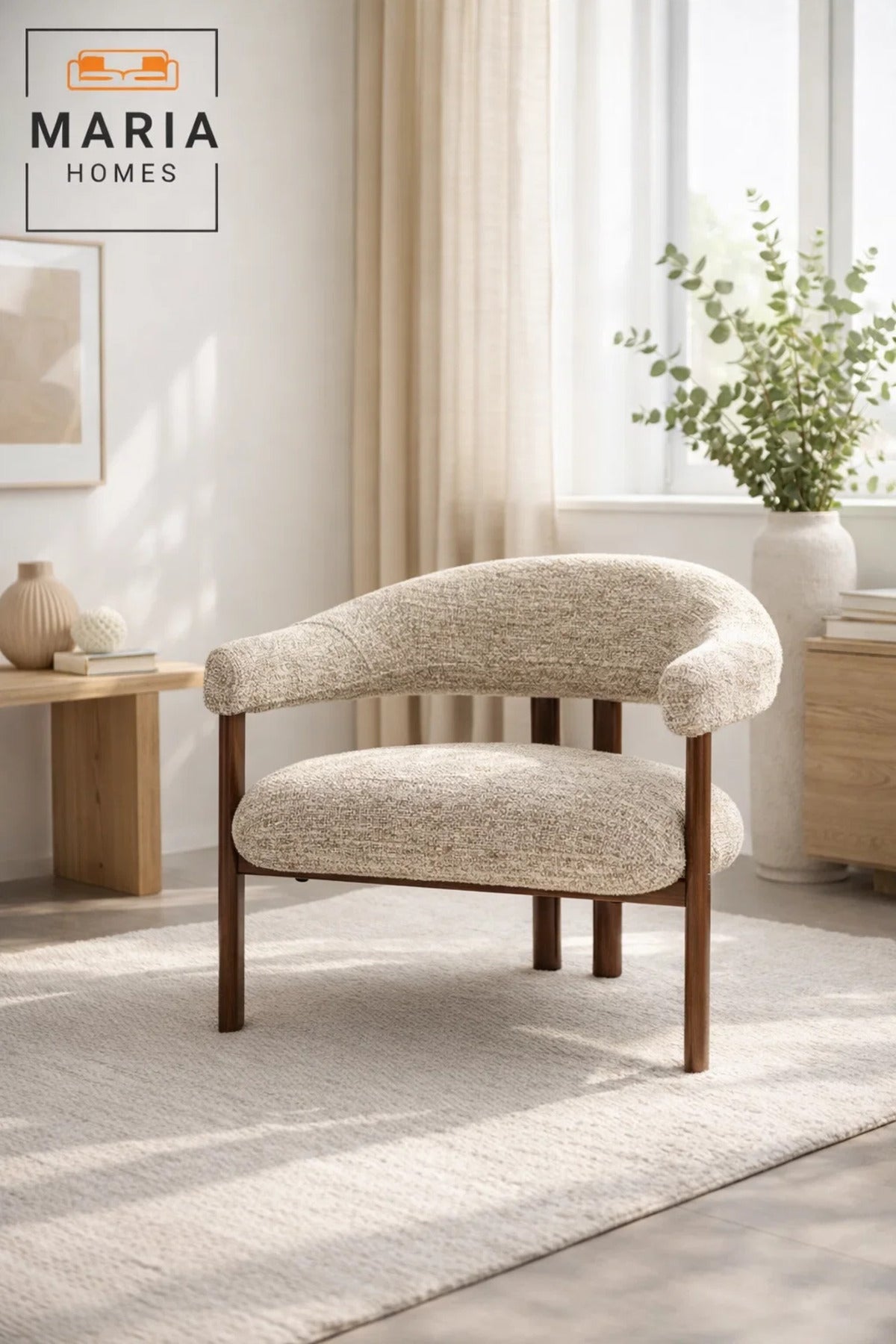 Beige Upholstered Lounge Chair Ð Modern Accent Chair with Wooden Legs
