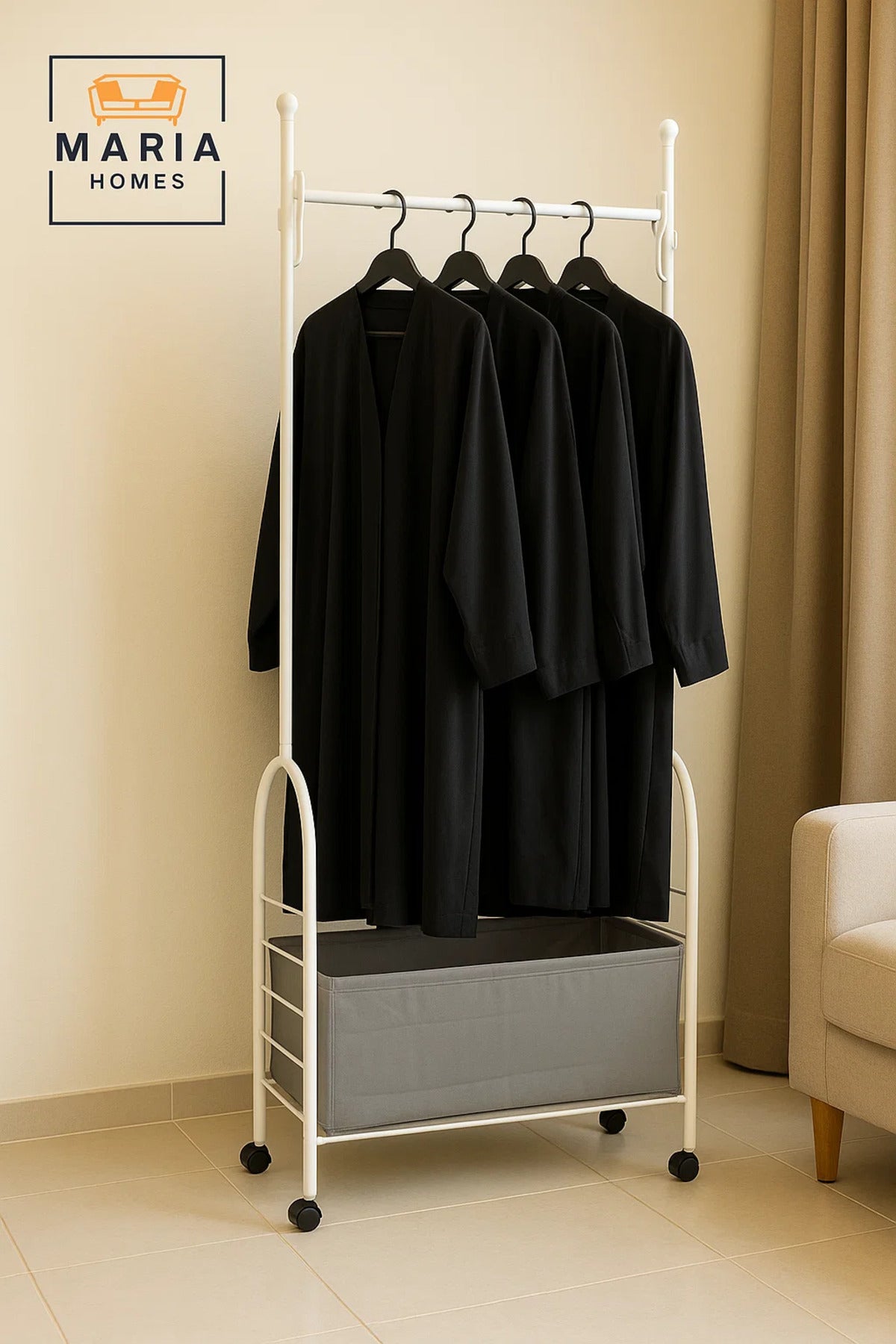 White Rolling Garment Rack with Storage Basket-SIZE 80CM