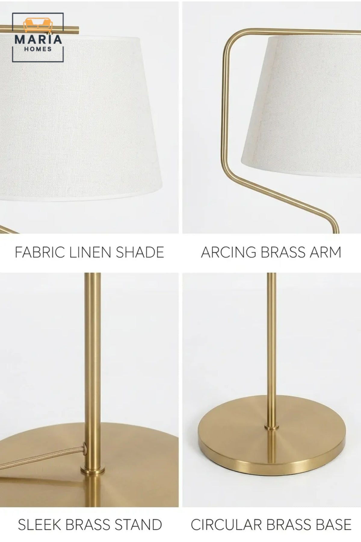 Modern Brass Floor Lamp with Fabric Drum Shade and Curved Frame, Elegant Standing Light for Living Room, Bedroom, Reading Corner and Home Office