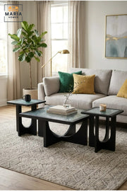 Modern Three-Piece Coffee Table Set with Rectangular Glass Tops and Two Matching Side Tables, Geometric Accent Tables for Living Room and Lounge