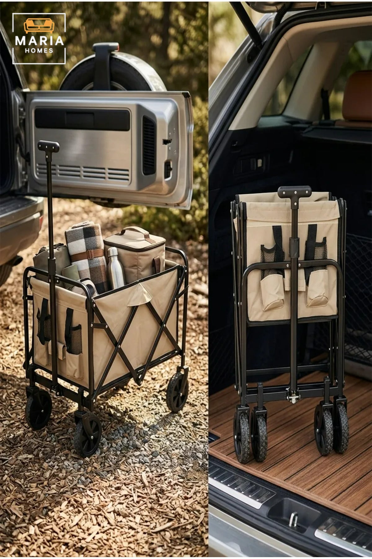Foldable Utility Wagon with Pull Handle, Fabric Storage Basket and Four Wheels, Collapsible Shopping Cart for Camping, Picnics, Garden and Travel