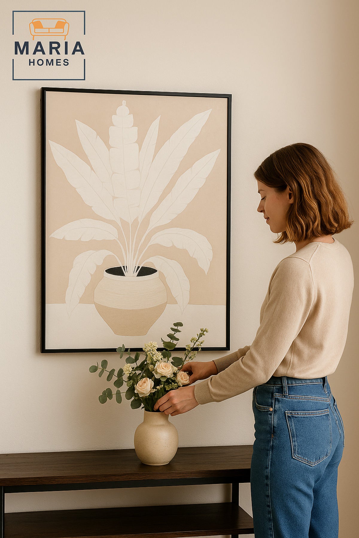 Large White & Beige Botanical Wall Art Ð Minimalist Framed Canvas 120_80 cm
