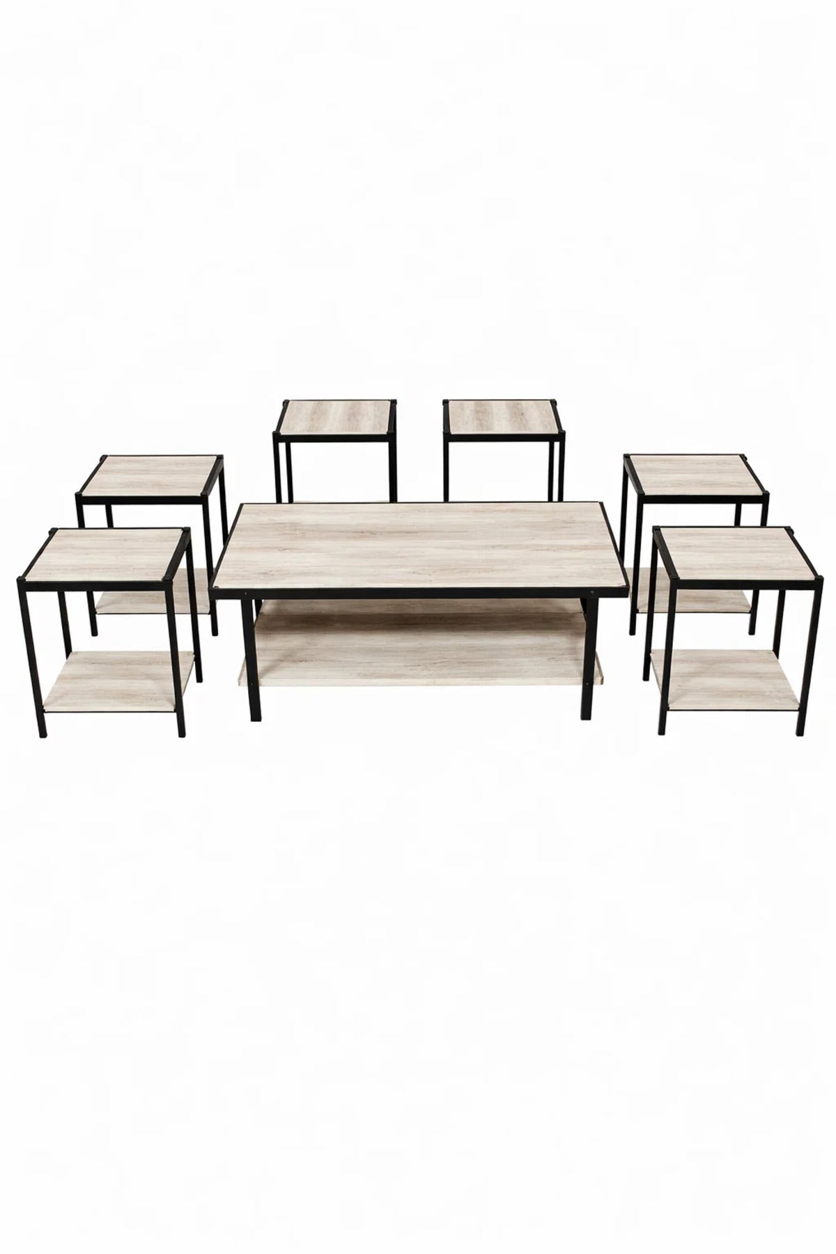 Modern Light Wood Coffee Table Set with 6 Side Tables and Shelf modern light wood