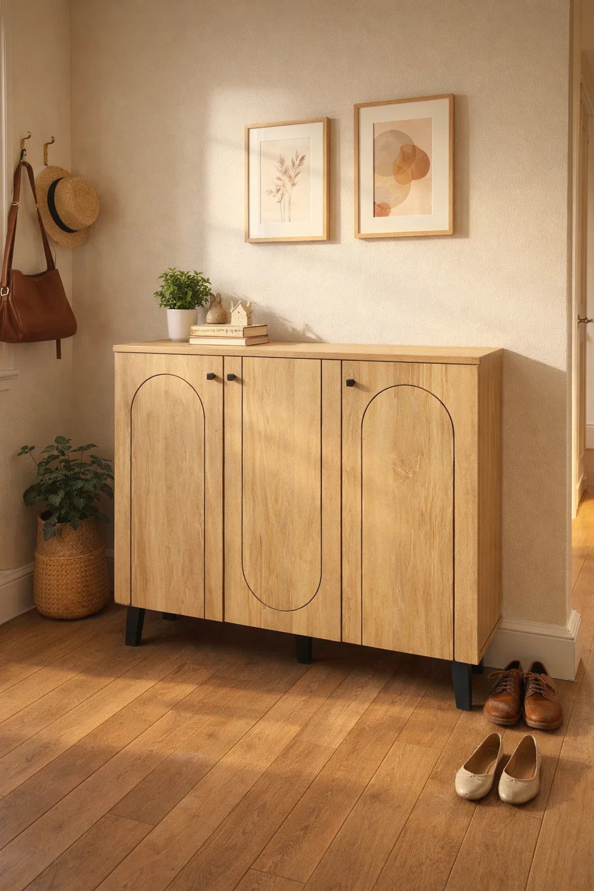 Light Brown Wooden Shoe Cabinet with 3 Doors 120 x 32 x 94 cm