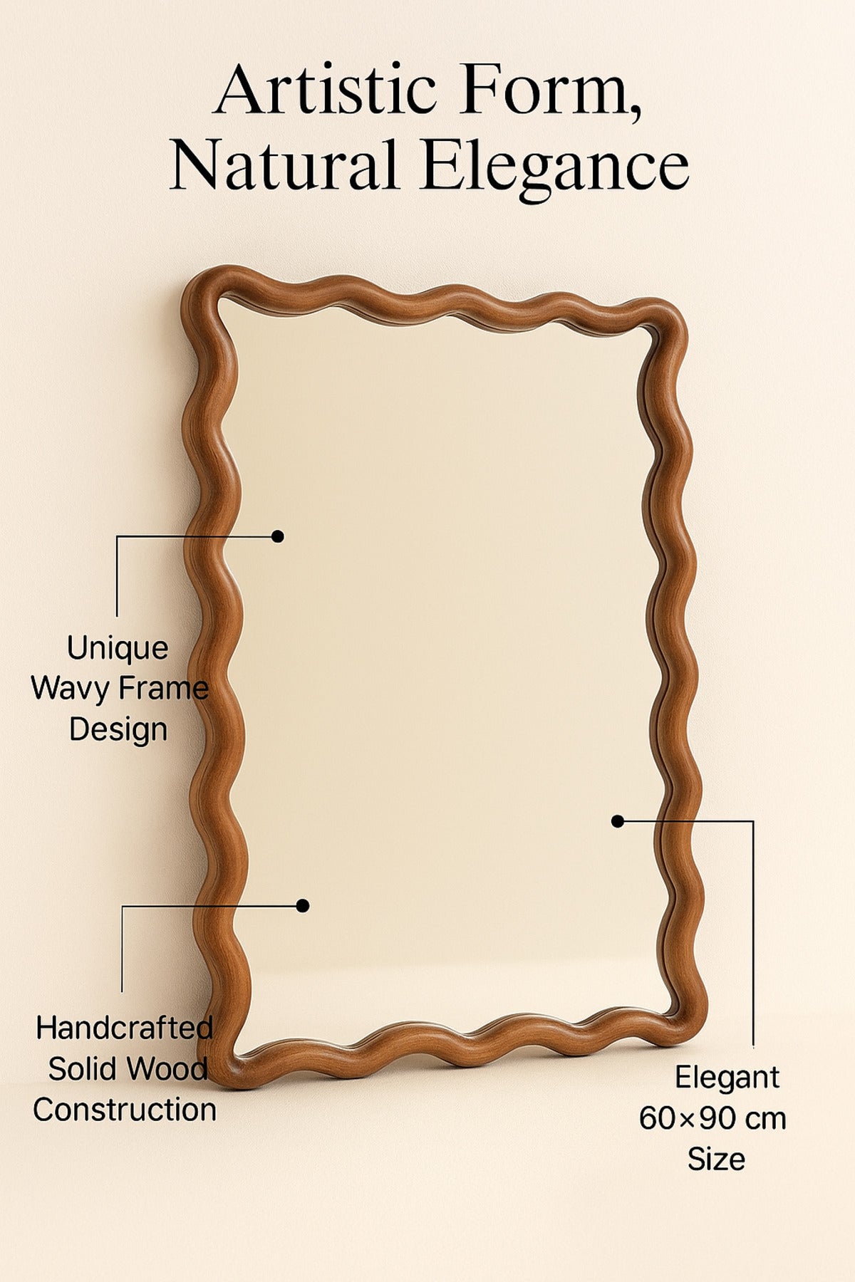Wavy Edge Decorative Wall Mirror with Wooden Frame Ð Natural 60_90 cm