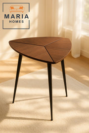 Triangular Wooden Side Table with Geometric Top and Sleek Black Legs
