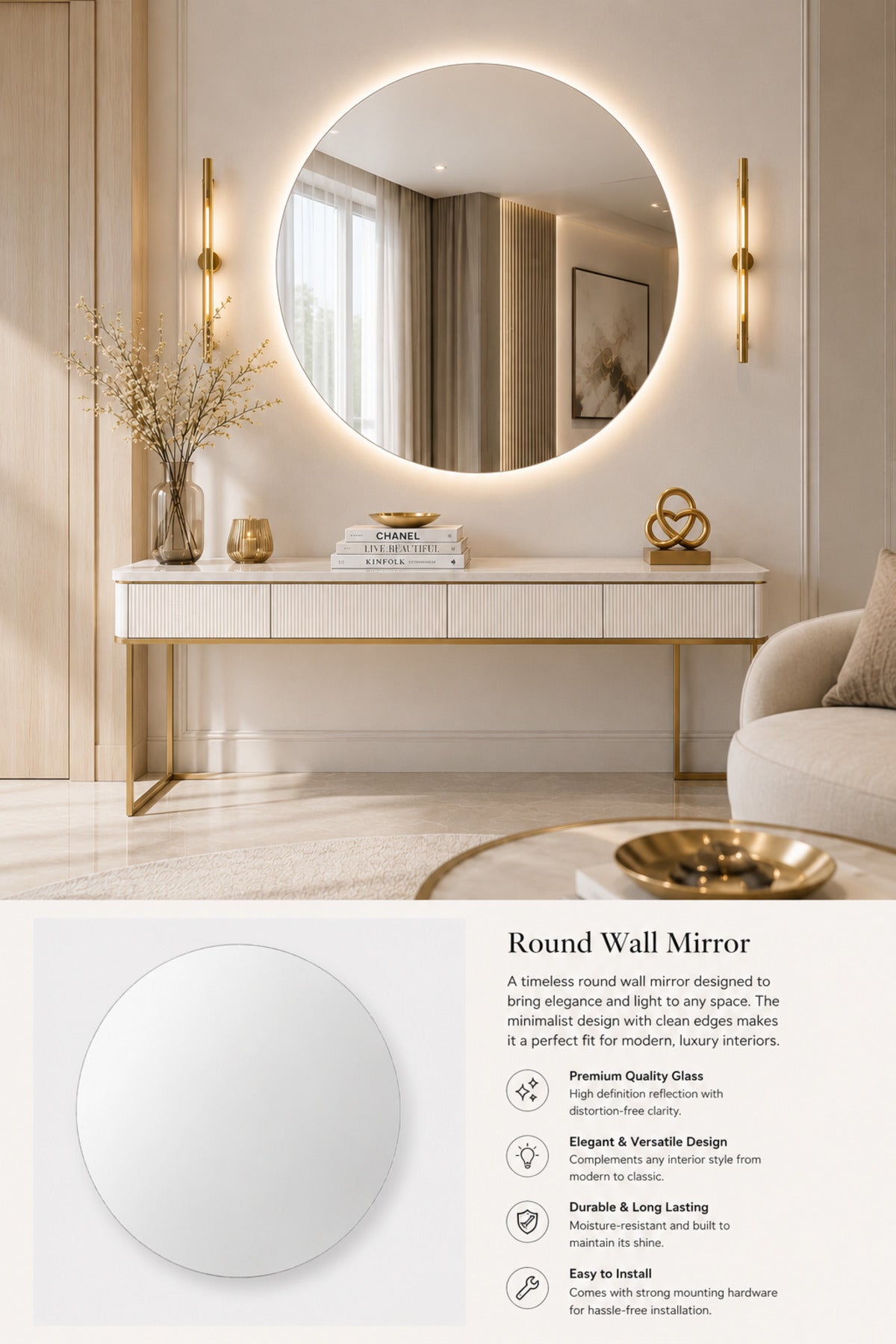 Modern Round Wall Mirror √ê Frameless Minimalist Decorative (80 _ 80 CM) modern round