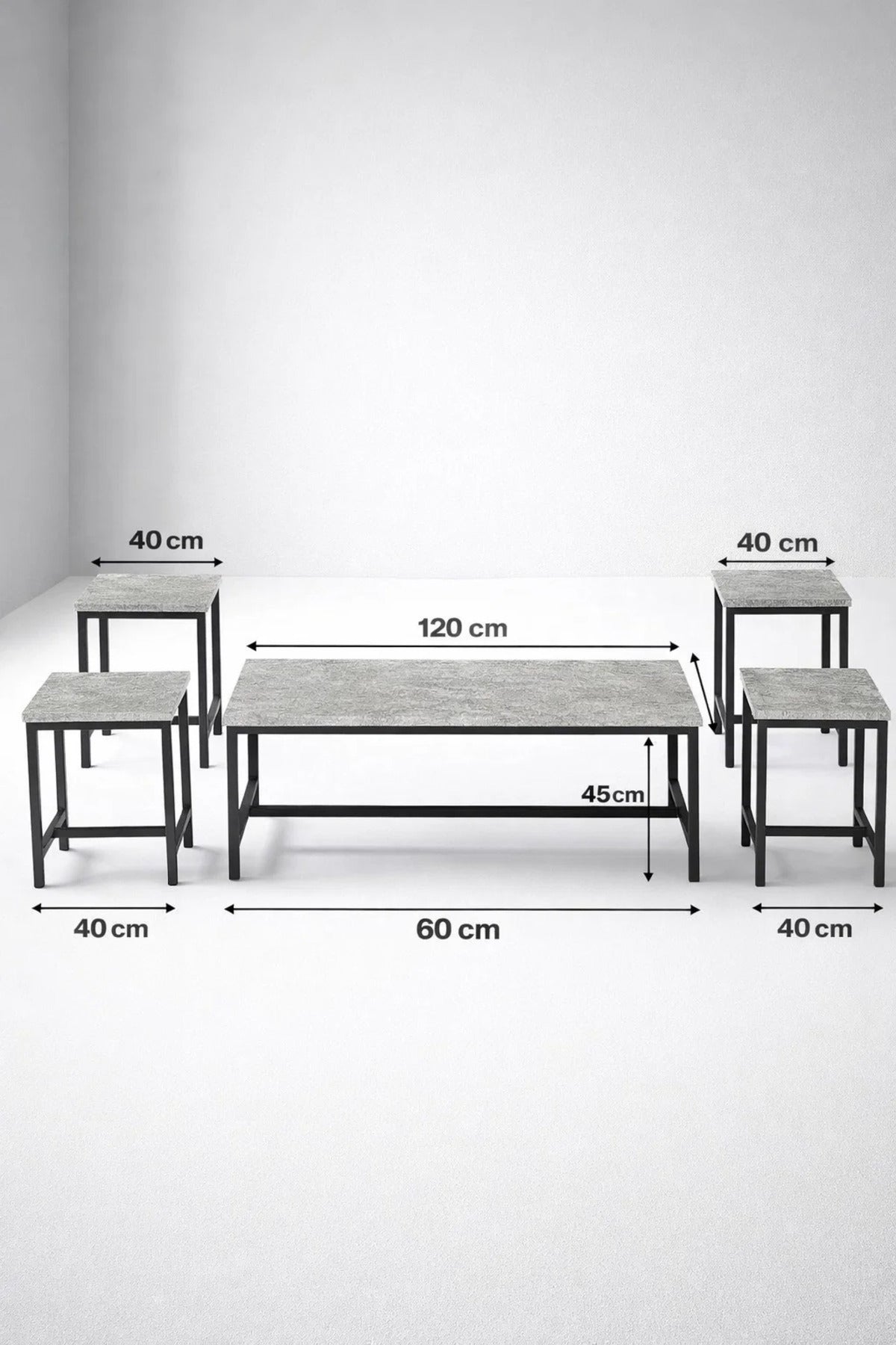 Grey 5-Piece Nesting Coffee Table Set Industrial Metal Frame for Modern Living Room Interiors