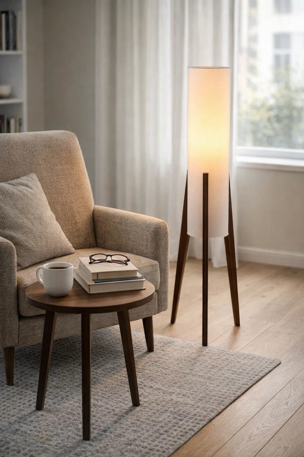 Modern Floor Lamp with Fabric Shade and Wooden Tripod Legs for Home Decor
