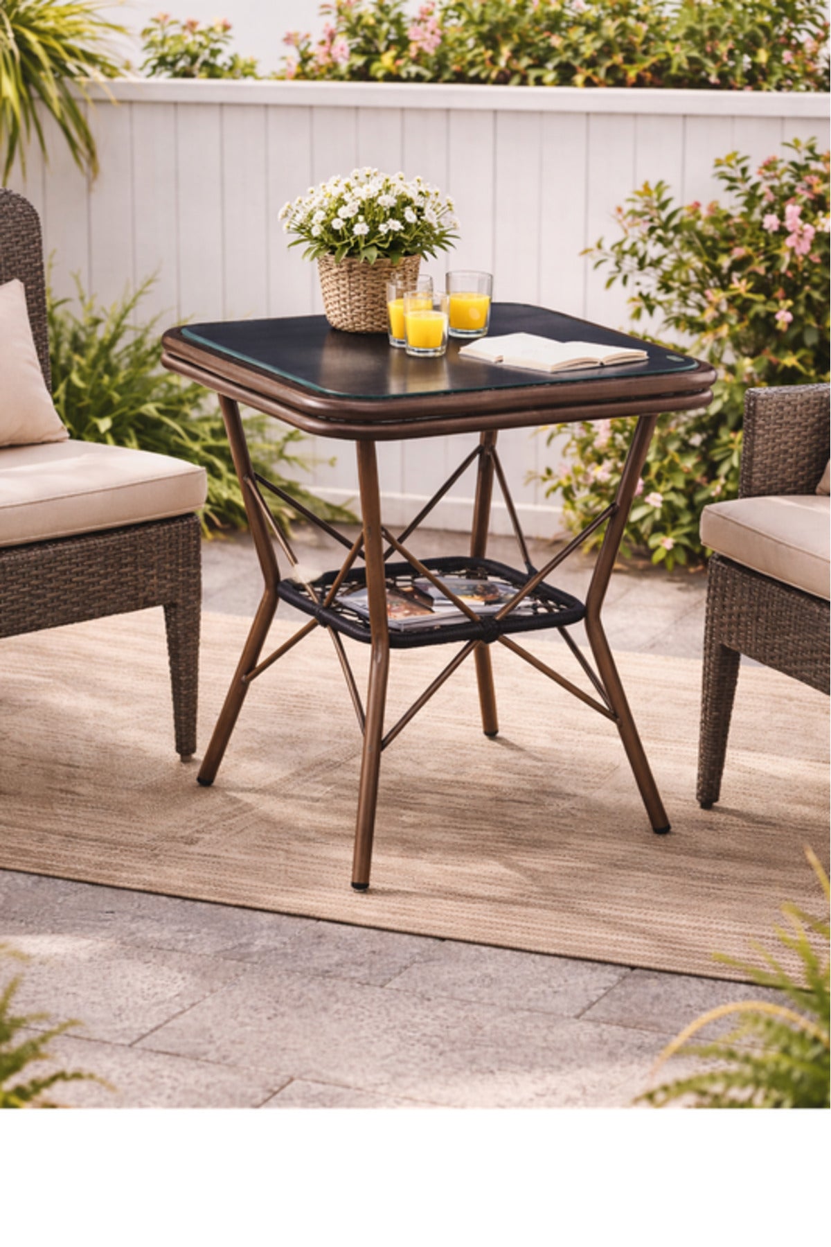 Modern Coffee Square Table with Marble-Effect Top & Metal Cross Base
